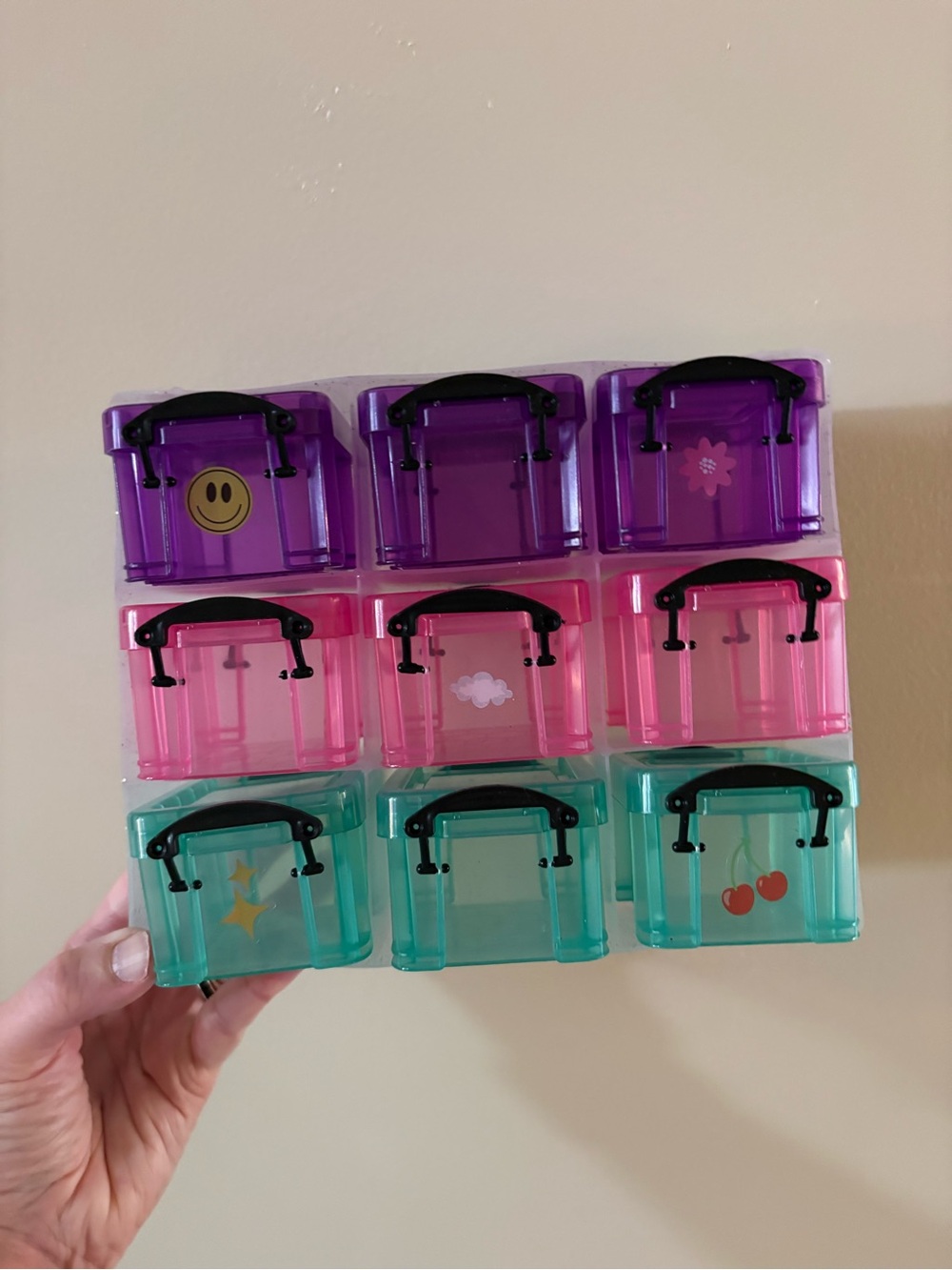 Small Plastic Stackable Storage Bins - Purple, Pink, Teal (Set of 9)